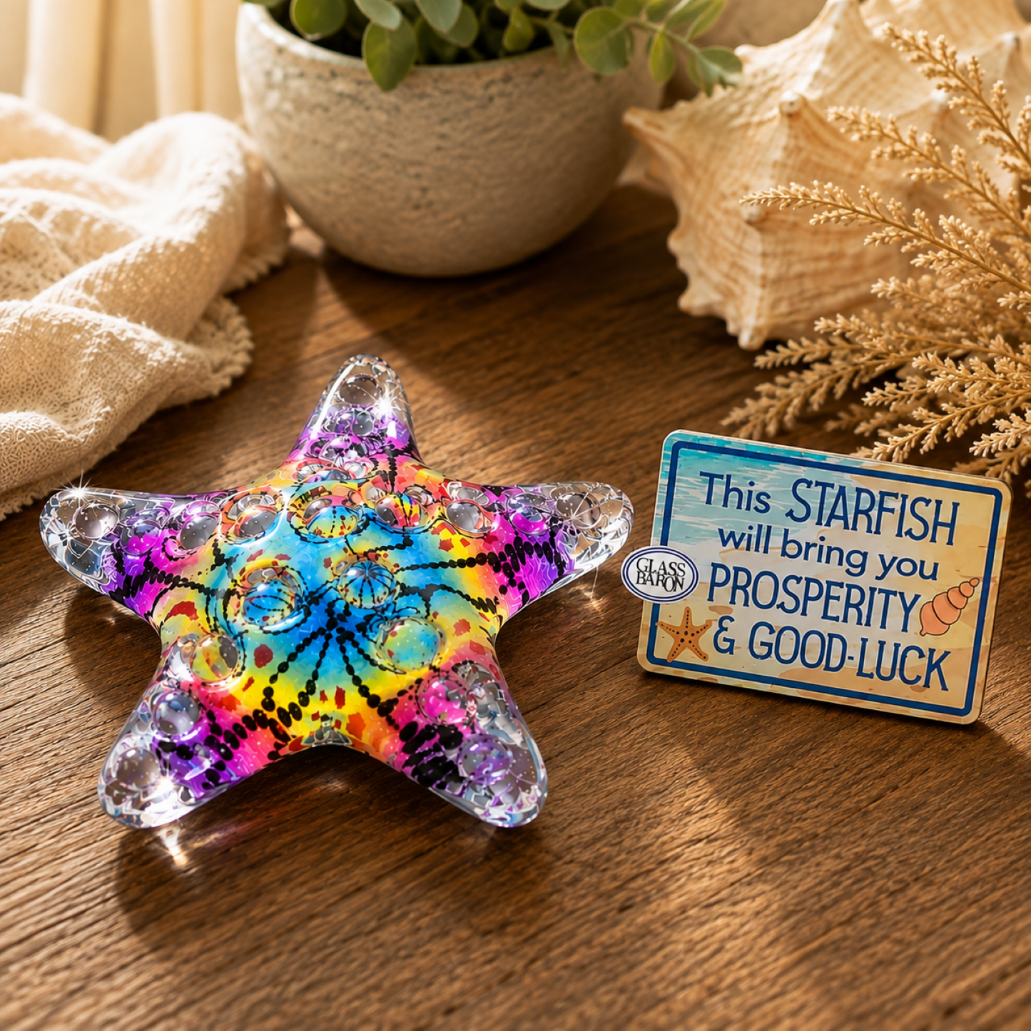 Handcrafted rainbow jewel starfish figurine with Prosperity and Good Luck tag