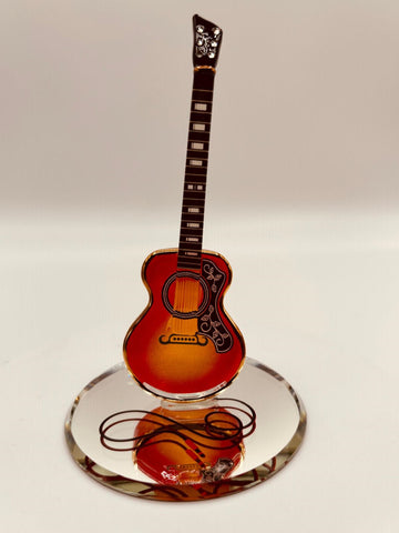 Handcrafted glass acoustic cherry guitar figurine on beveled mirror base with crystal and 22Kt gold accents