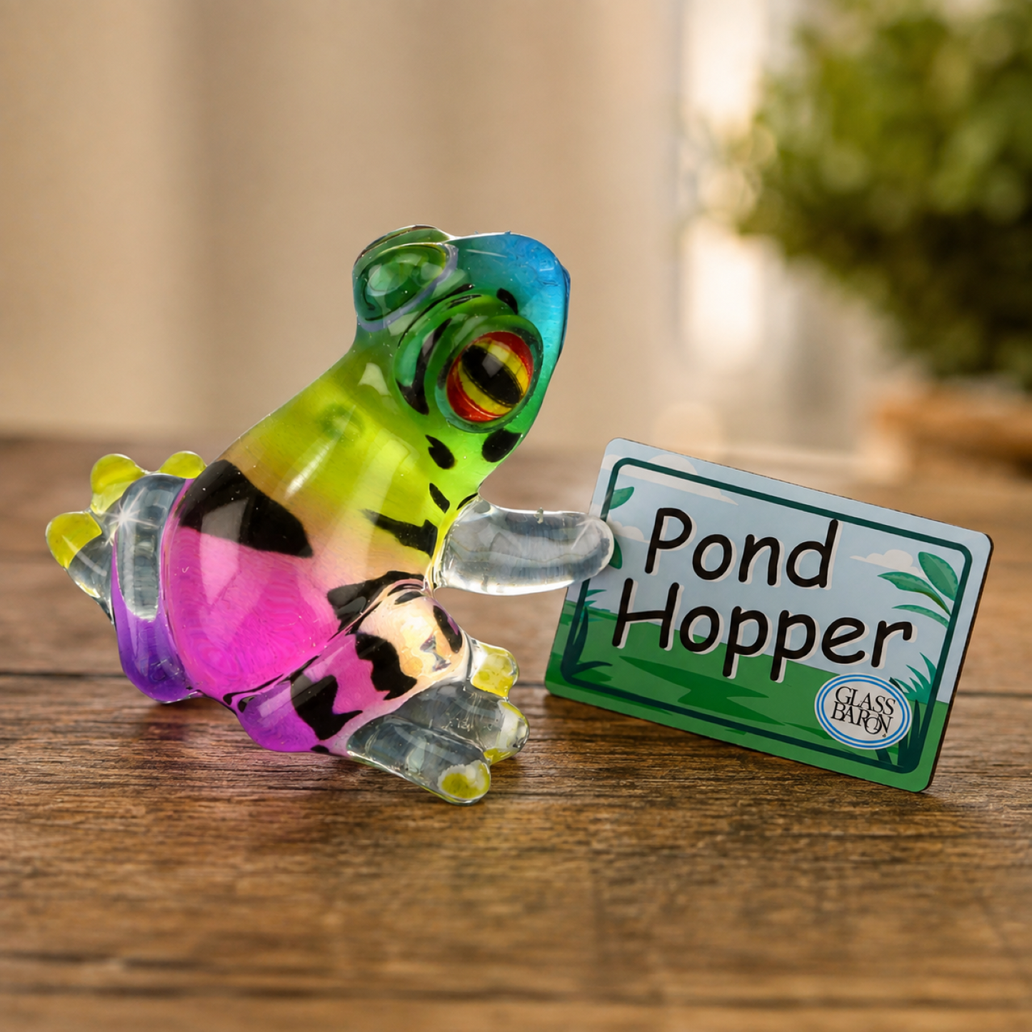 Handcrafted colorful mini glass frog figurine with Pond Hopper tag