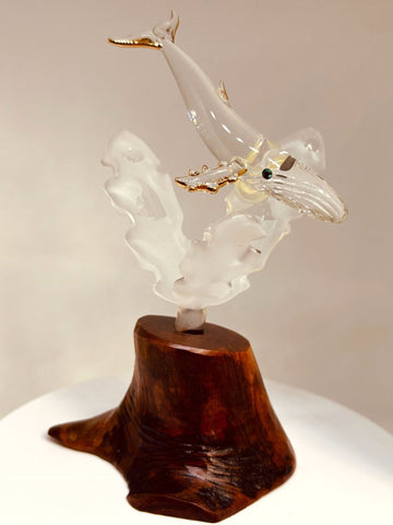 Whale Figurine on Walnut Wood Base | Handcrafted Glass Ocean Decor