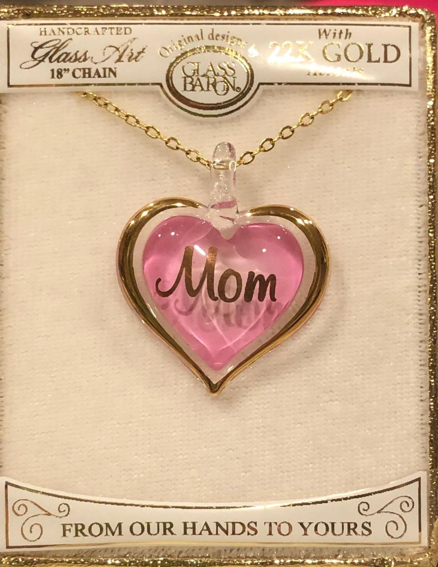 Mom Heart Necklace | Pink Heart Pendant | Mother Gift | 18” Gold Plated Chain