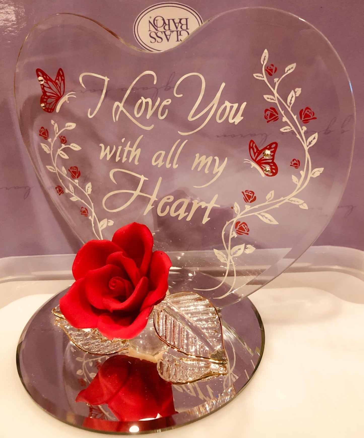 “I Love You With All My Heart” Rose Figurine | Glass Romantic Décor