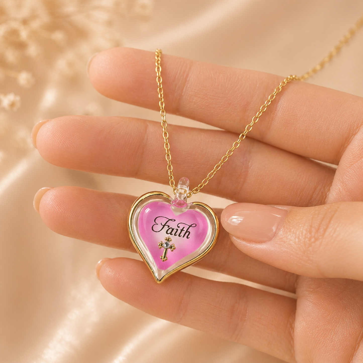 faith pink heart cross necklace christian pendant with crystal accent on gold plated chain religious jewelry