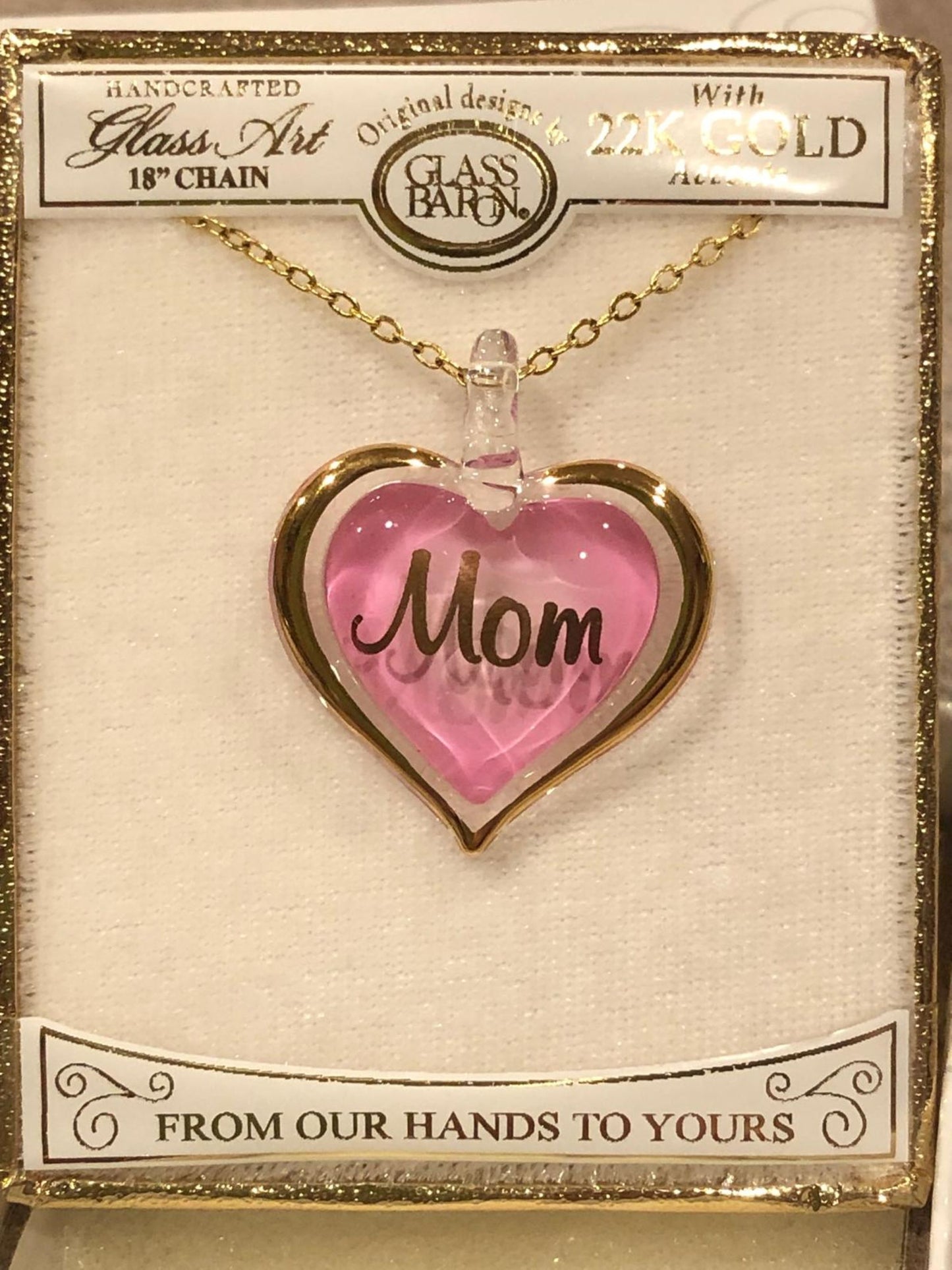 Mom Heart Necklace | Pink Heart Pendant | Mother Gift | 18” Gold Plated Chain