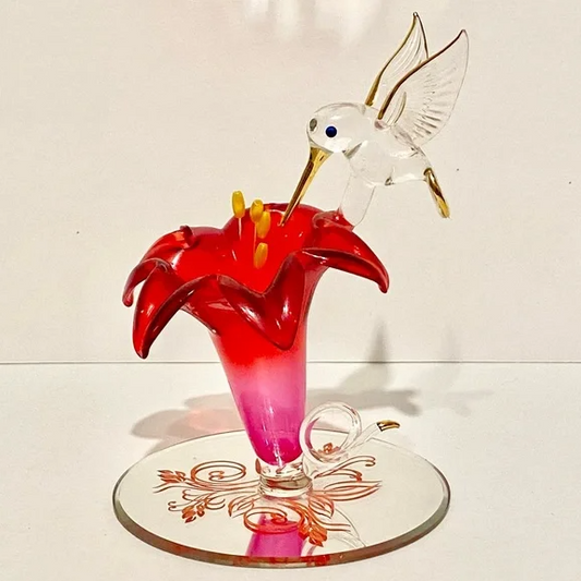 Hummingbird on Red Lily, Hummingbird Figurine, Handmade Sculpture, Bird Statue, Home Decor, Mothers Day gift, Gift for Her