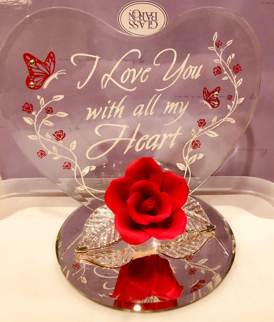 Red rose figurine with heart backplate and I Love You message