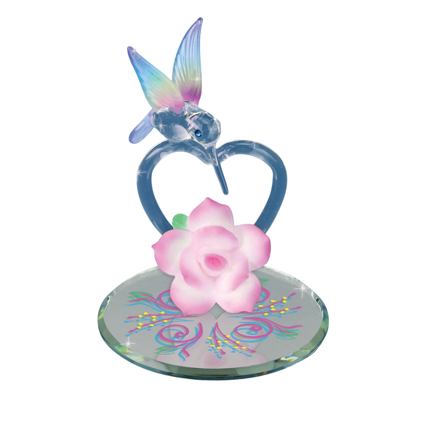 Hummingbird Glass Figurine Gift | Pink Rose Heart | Romantic Bird Decor | Valentine Anniversary Present