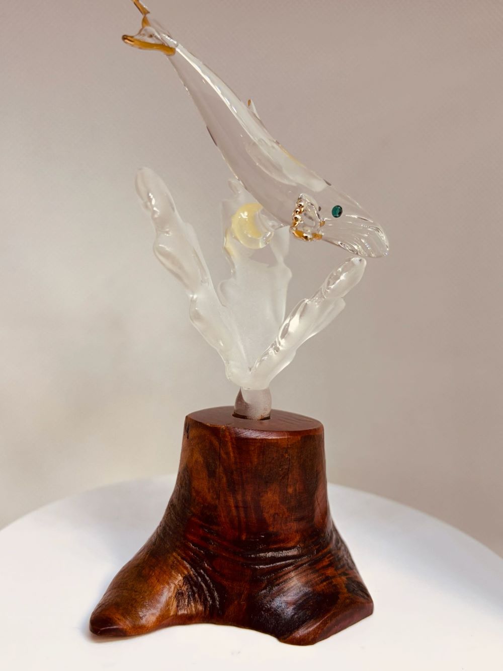 Whale Figurine on Walnut Wood Base | Handcrafted Glass Ocean Decor