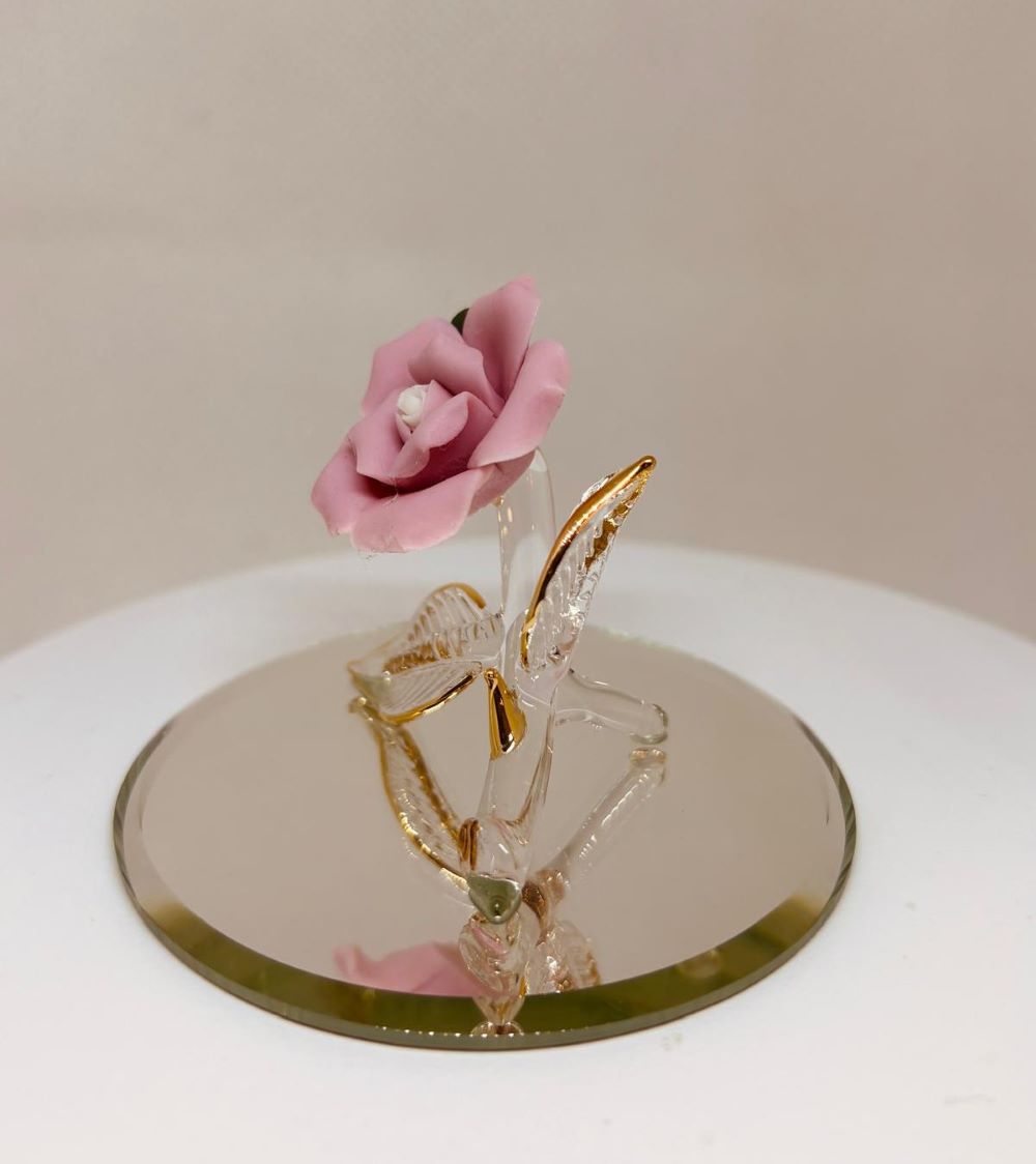 Pink Rose Glass Figurine | Handcrafted 22Kt Gold Trimmed Glass Rose Gift for Her