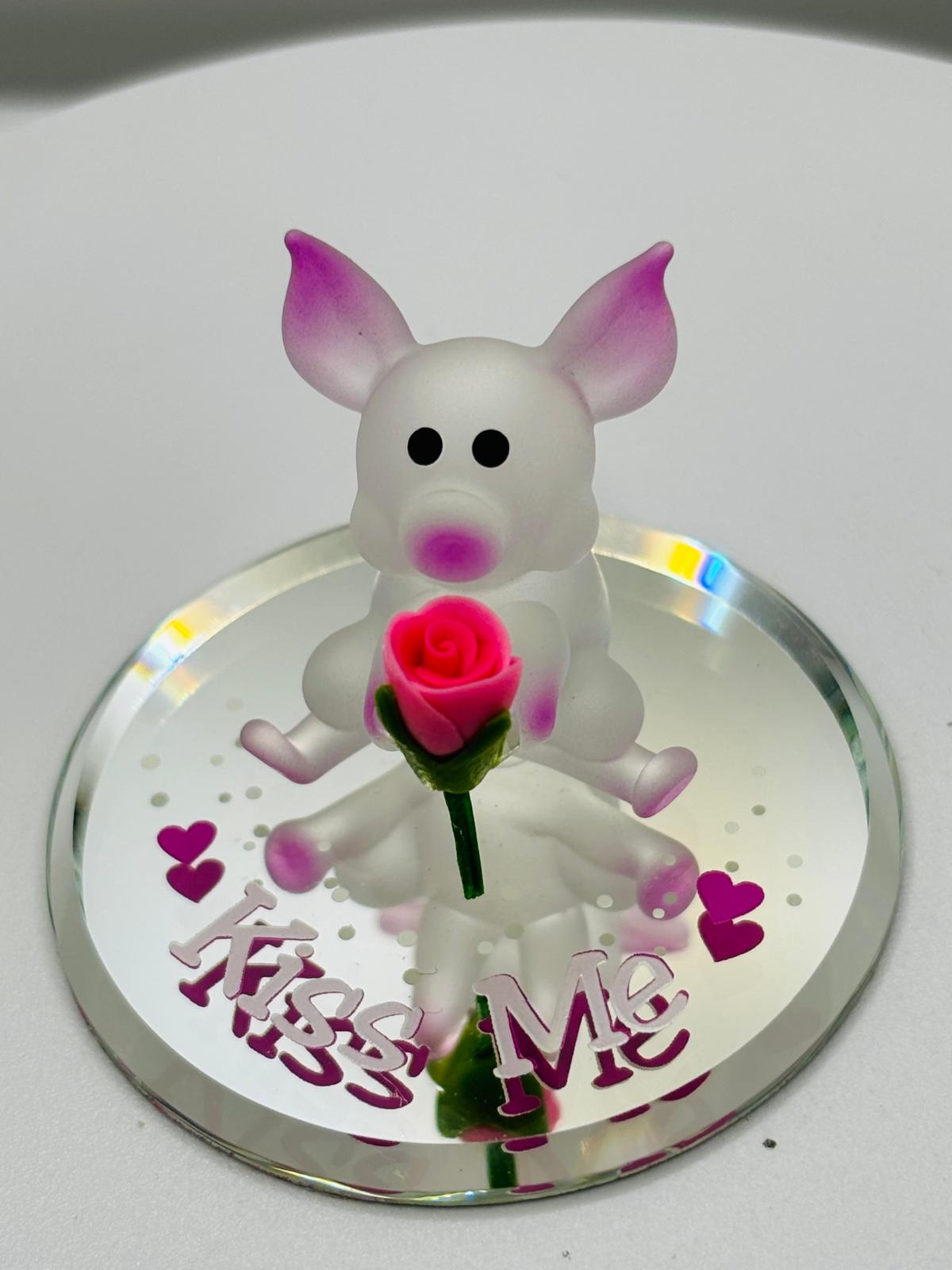Pig Figurine with Rose, Handcrafted Glass Pig Gift, Romantic Gift, Valentine Gift, Love Collectible, Glass Decor