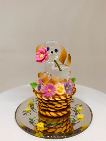 Playful Glass Puppy Figurine in Flower Basket | Dog Lover Gift Decor