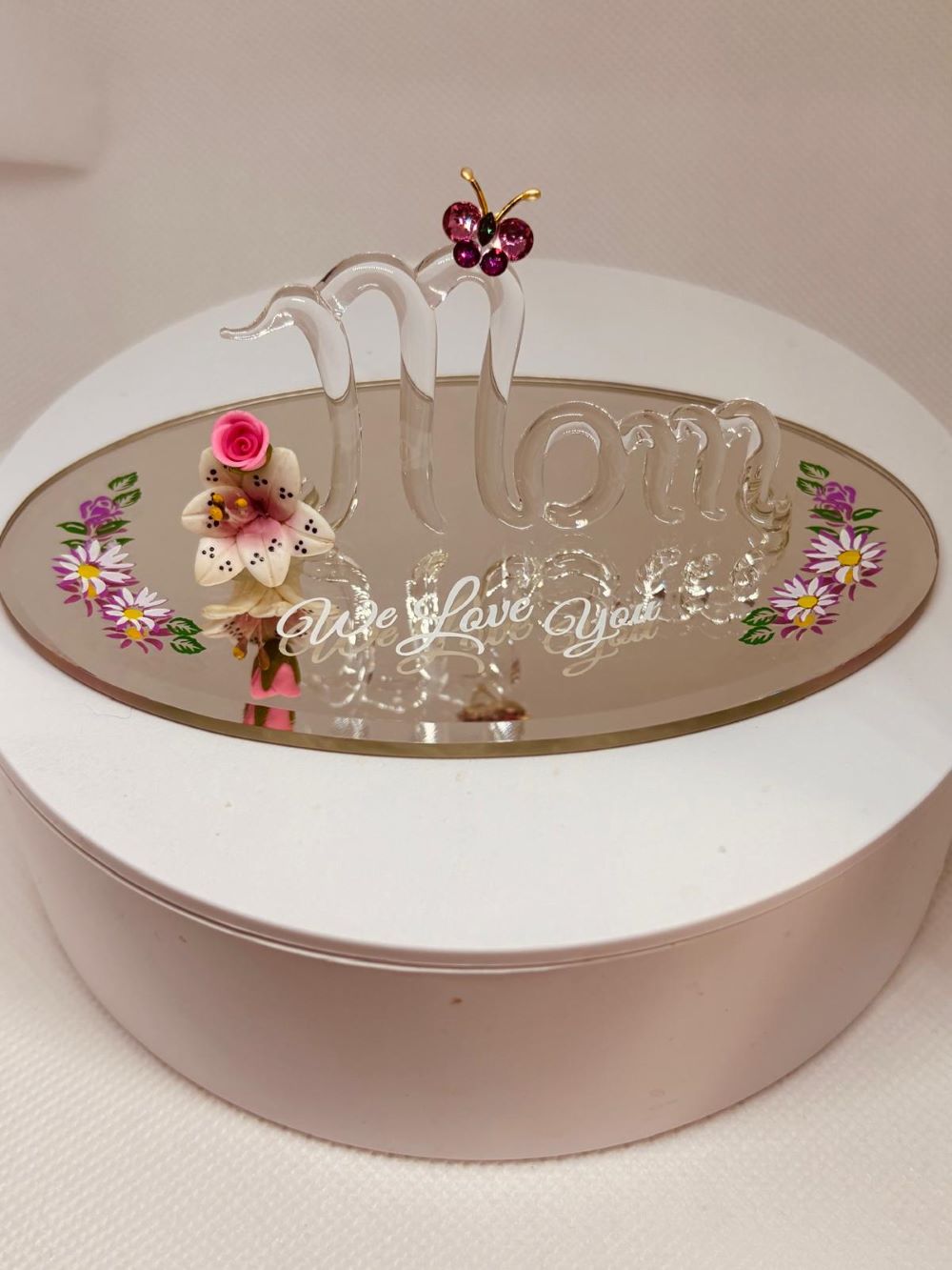 Mom “We Love You” Glass Figurine | Handcrafted Floral Gift with Butterfly Accent