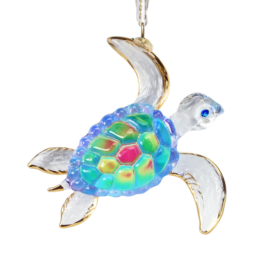 Handcrafted Sea Turtle Tropical Delight glass ornament with tropical colored shell, genuine crystal accents, air-brushed finish, and gold details.