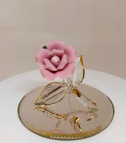 Handcrafted pink glass flower collectible with gold detailing
