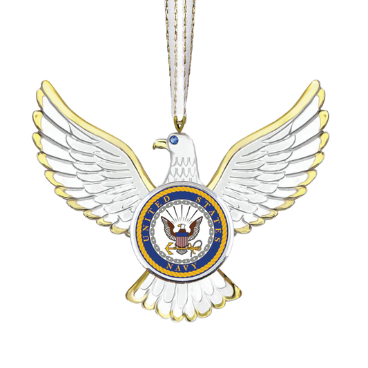 Handcrafted U.S. Navy Eagle glass ornament with Navy emblem, crystal accents, and gold ribbon