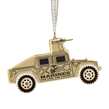 Handcrafted U.S. Marine Corps glass Humvee ornament with crystal and 22Kt gold accents hanging from a gold ribbon
