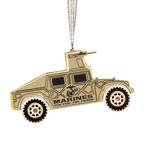 Handcrafted U.S. Marine Corps glass Humvee ornament with crystal and 22Kt gold accents hanging from a gold ribbon