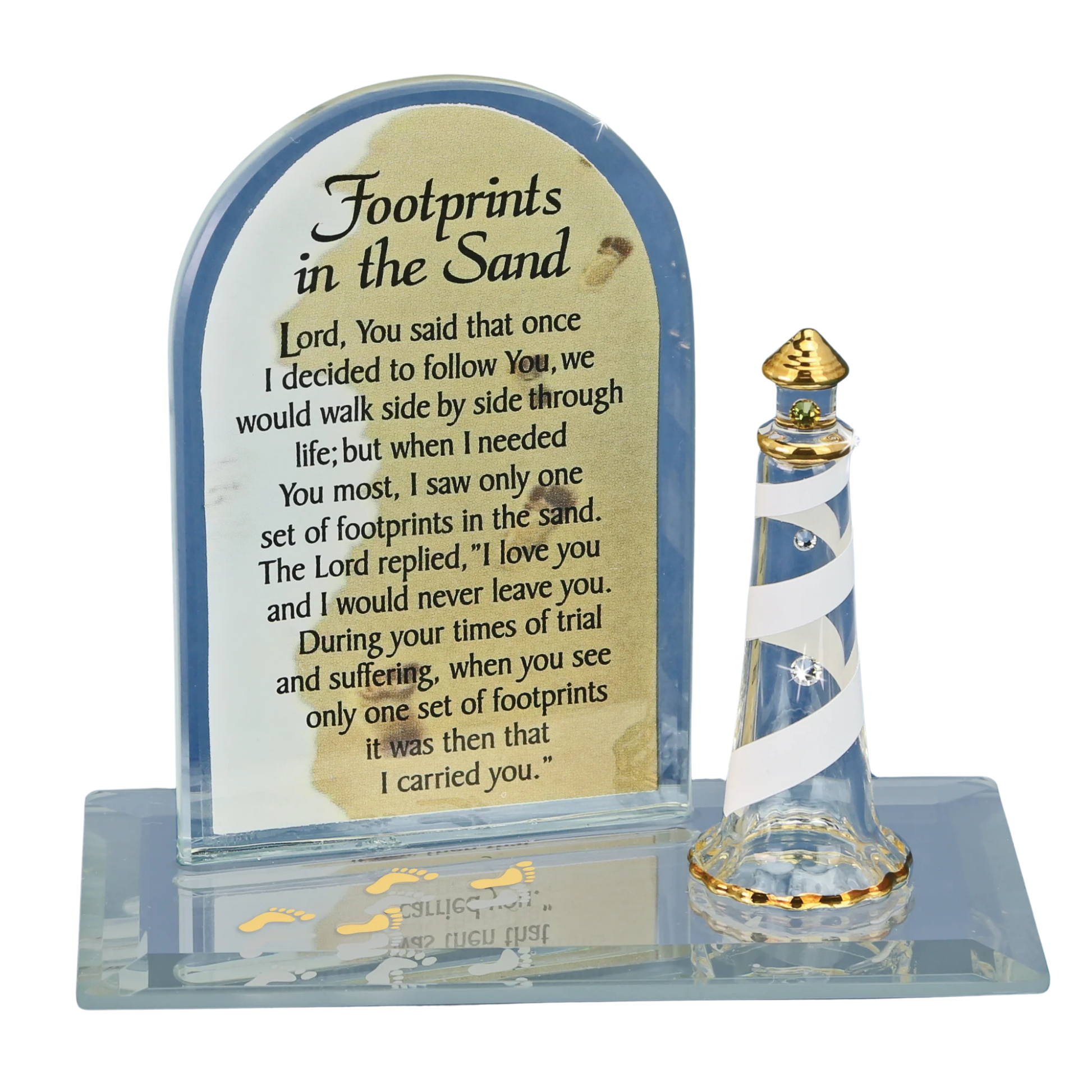 Footprints in the Sand Christian plaque with lighthouse on beveled glass mirror base