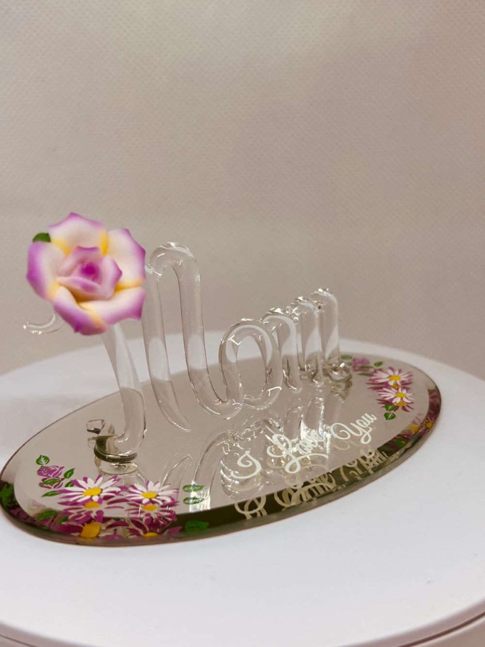 Mom I Love You Pink Rose Figurine | Handcrafted Glass Rose Gift for Mom