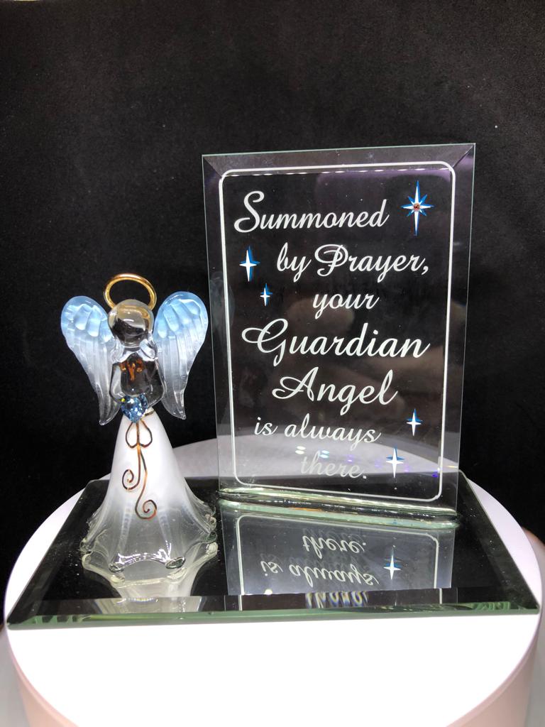 Guardian Angel Figurine with Blue Crystal Heart Handcrafted Glass Angel Gift