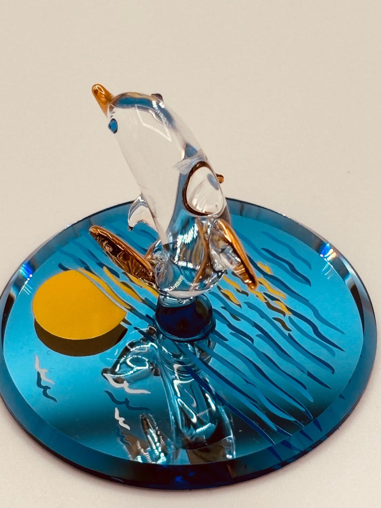 Sunset Dolphin Blue Glass Figurine | Handcrafted Coastal Decor with Crystal Accents