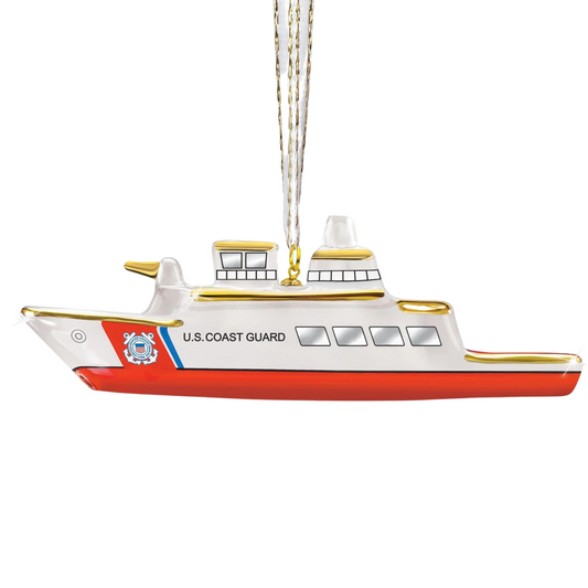 Handcrafted U.S. Coast Guard Cutter glass ornament hanging from a gold ribbon