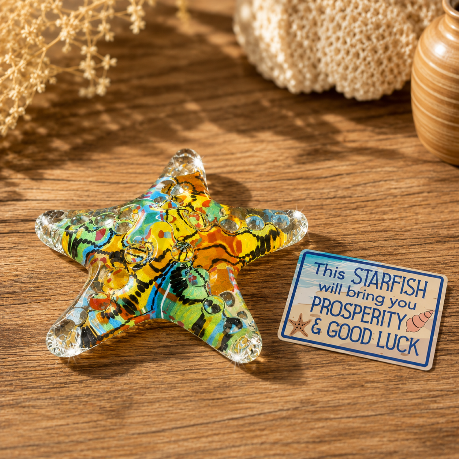 Handcrafted Tropical Beach Starfish glass figurine with colorful prosperity and good luck tag