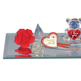 Glass Bear Figurine with Red Rose on Mirror Forever and Always I Love You Gift