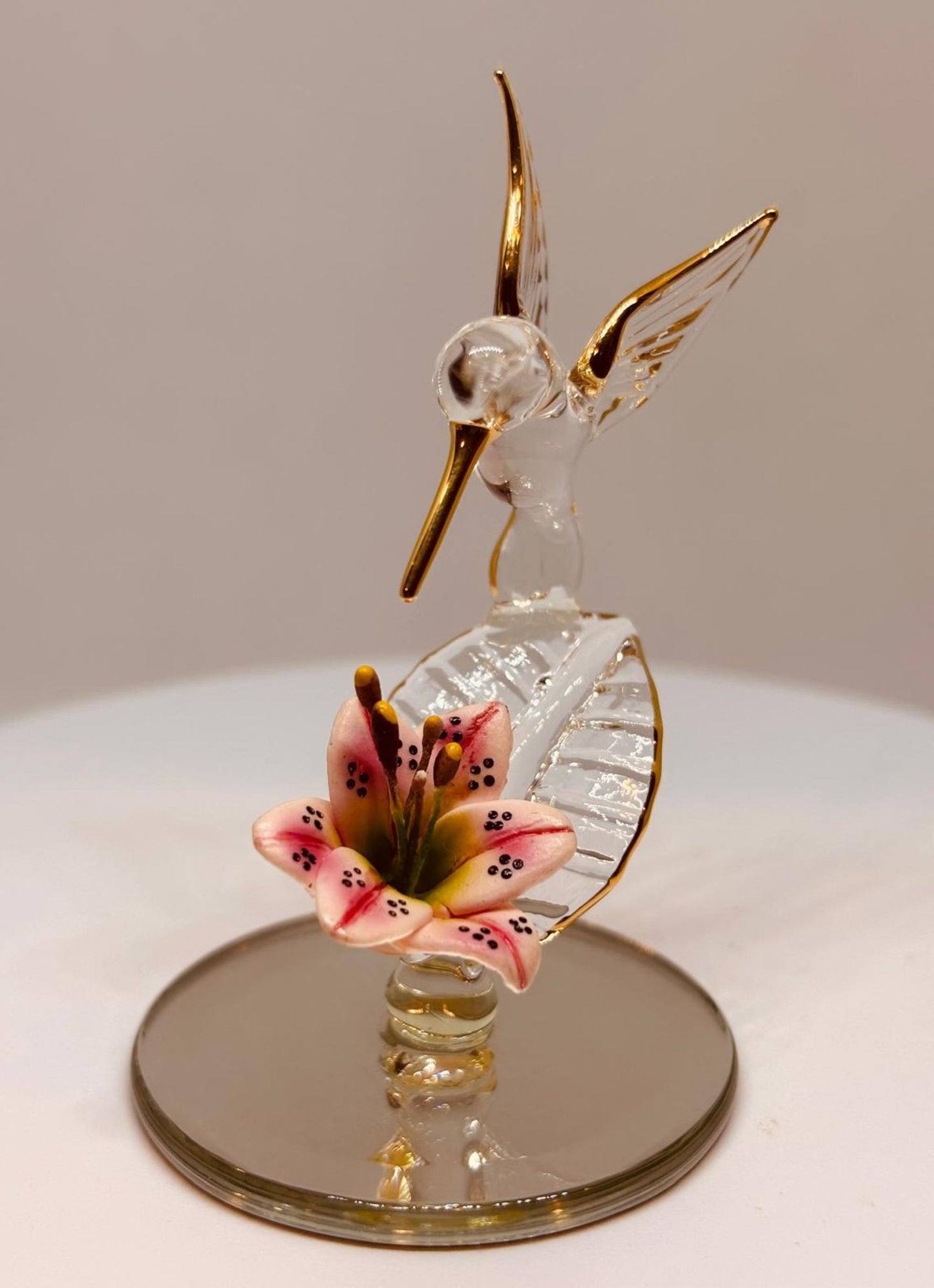 Hummingbird with Pink Flower Glass Figurine Bird and Lily Home Decor
