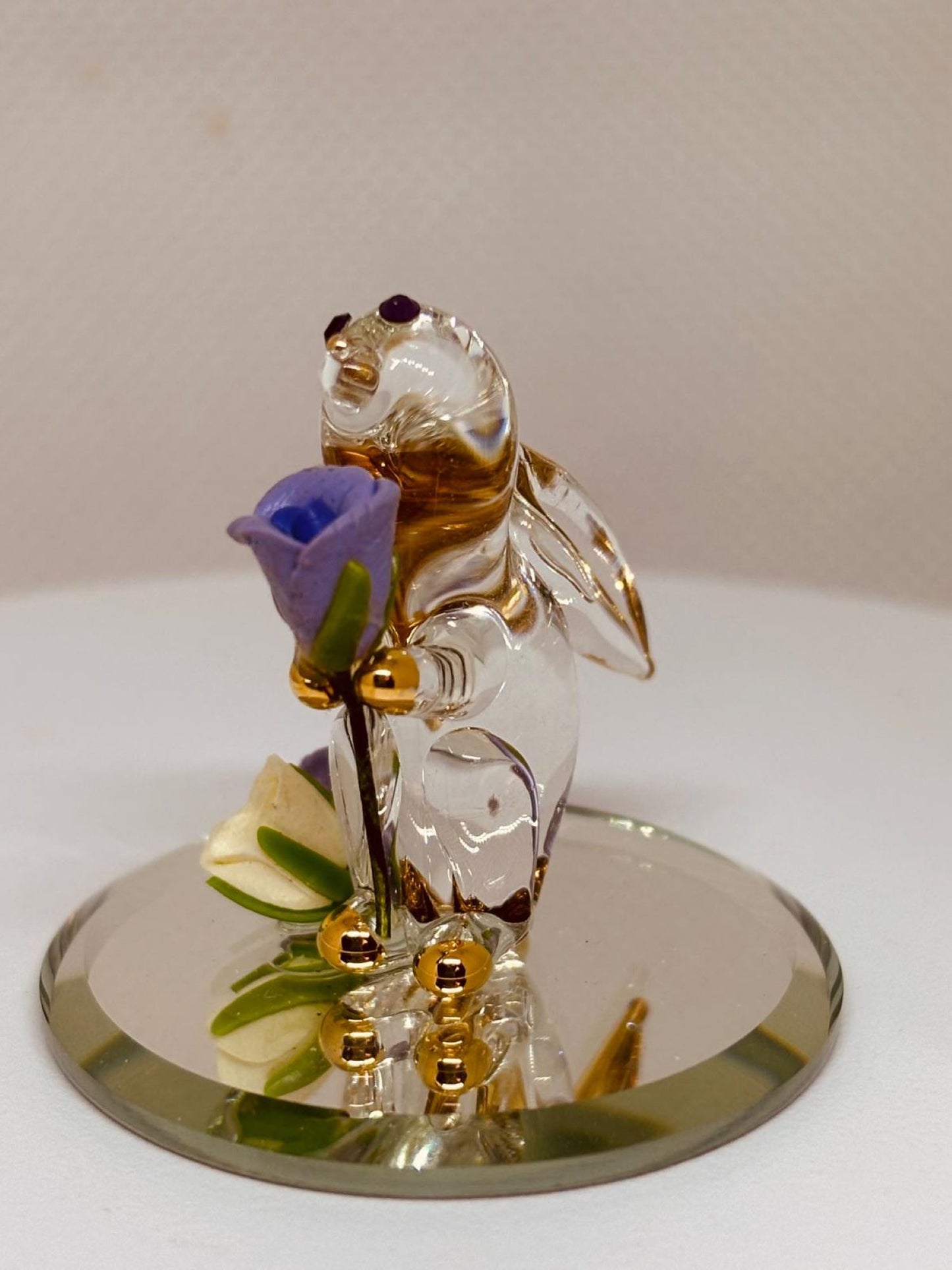 Garden Rabbit Glass Figurine | Handcrafted Bunny with Purple Rose