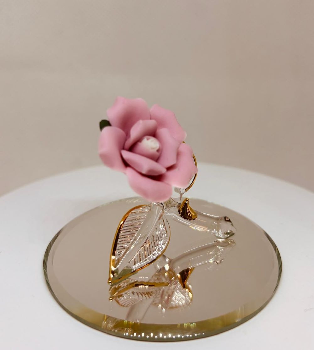 Pink Rose Glass Figurine | Handcrafted 22Kt Gold Trimmed Glass Rose Gift for Her