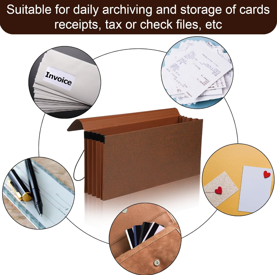 Expanding File Wallet, 3.5-inch Brown Expansion File Pocket with Elastic Cord Closure and Lid - 5 Pcs
