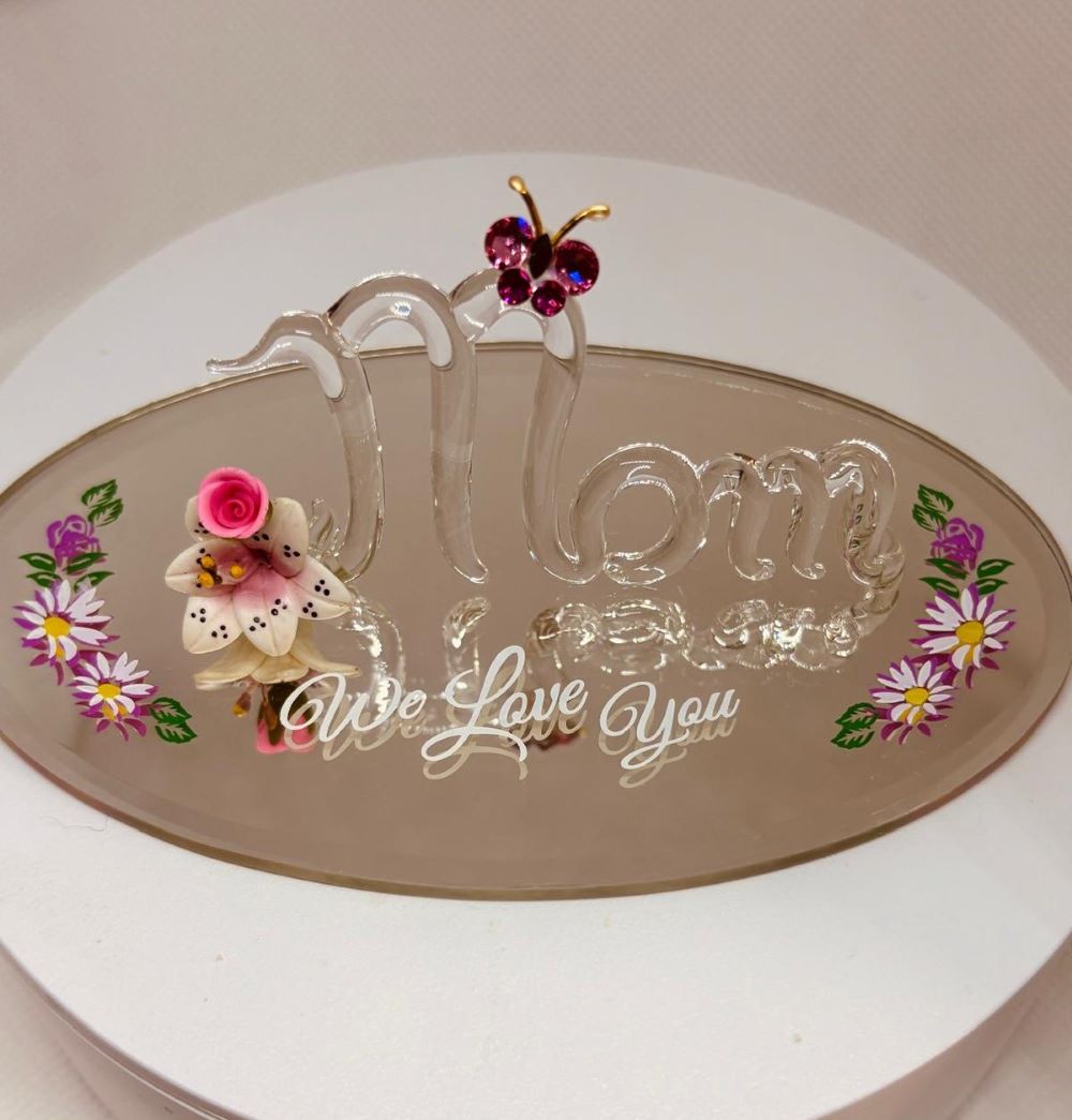 Mom “We Love You” Glass Figurine | Handcrafted Floral Gift with Butterfly Accent