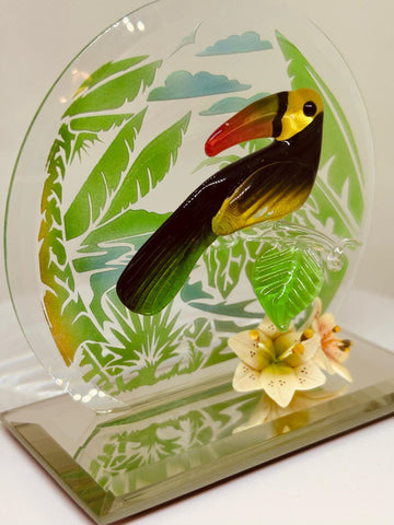 Toucan Glass Figurine | Handcrafted Bird Art with Crystals and Jungle Theme