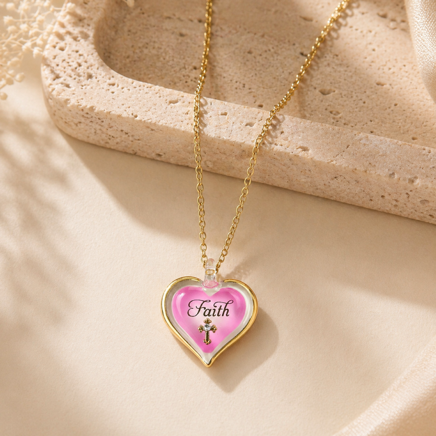 Faith Heart Cross Necklace | Pink Christian Pendant Gift
