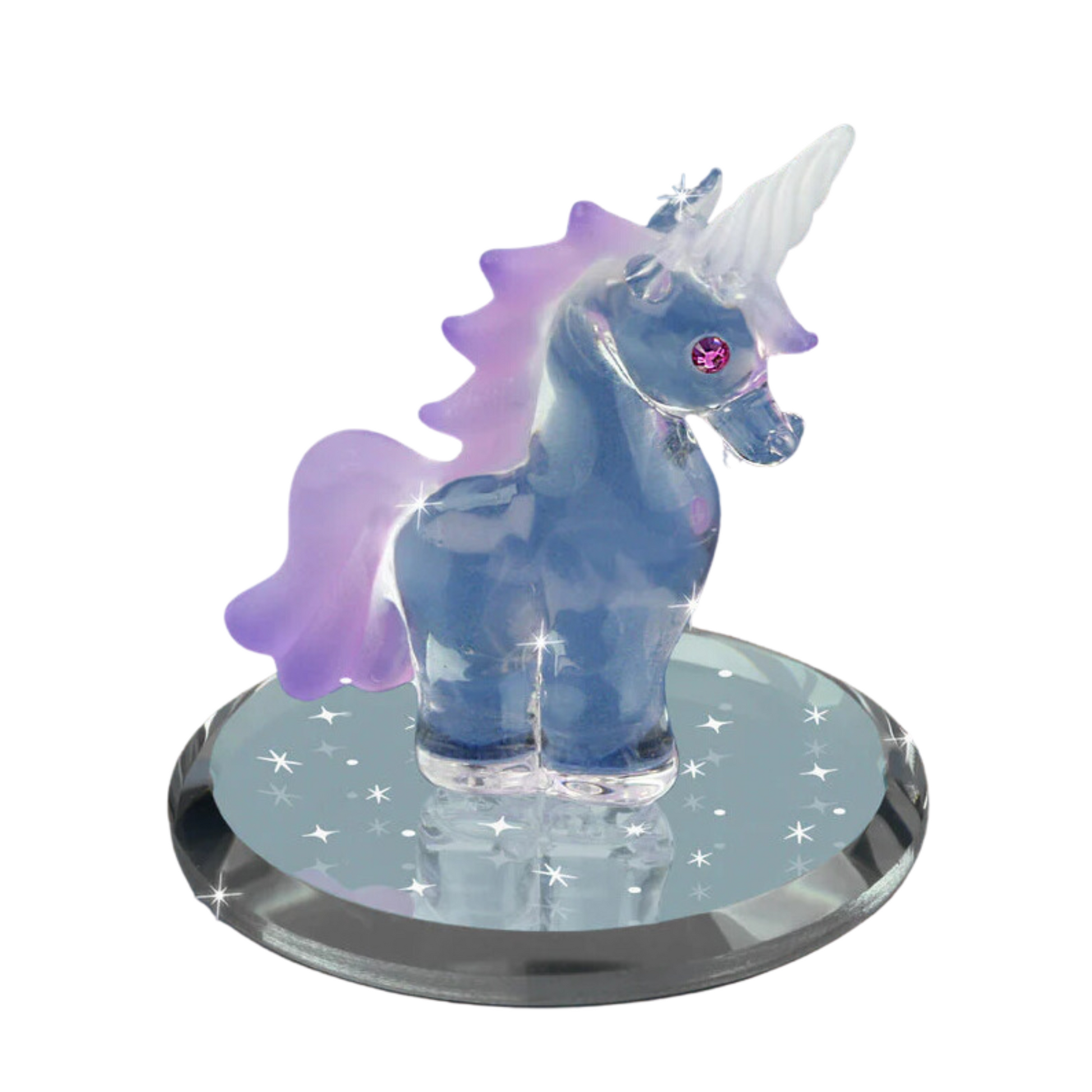Glass baby unicorn figurine with purple mane on star mirror base