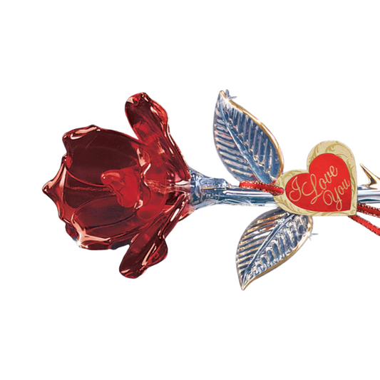 Red glass rose figurine with gold accents and I Love You heart message ribbon