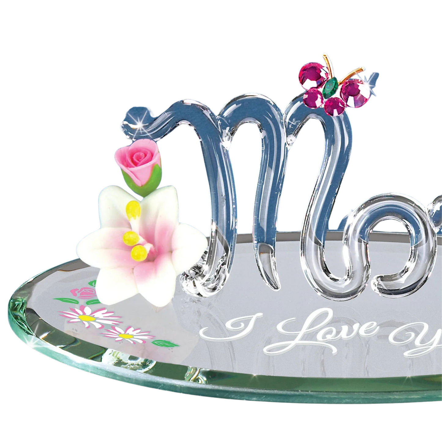 Mom “I Love You” Glass Figurine with Butterfly and Flowers