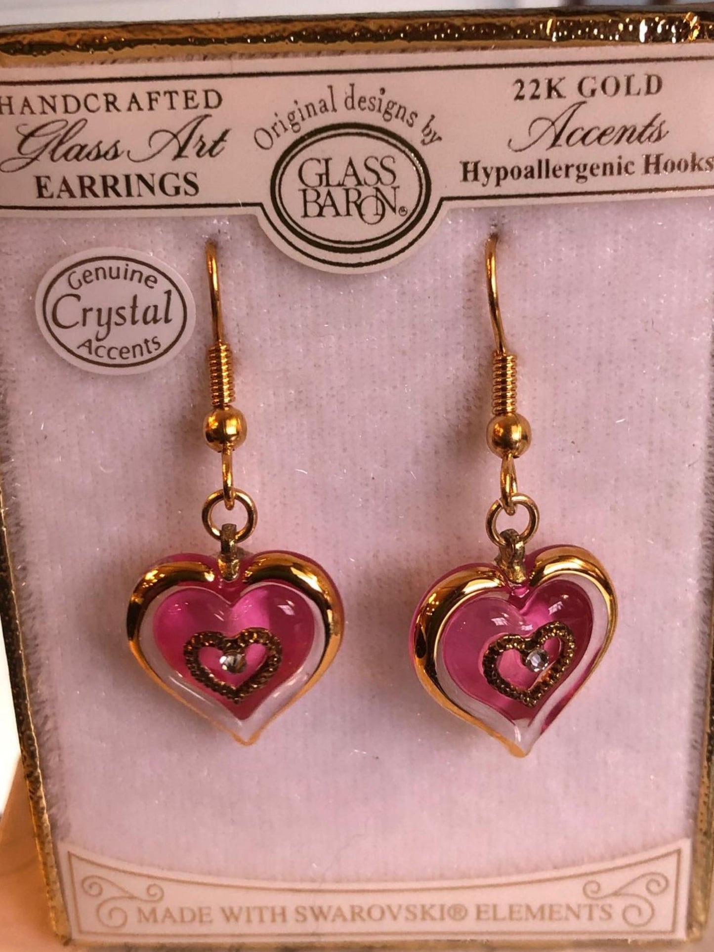 Handcrafted Pink Heart Glass Earrings | Dangle Crystal Heart Jewelry Gift for Her