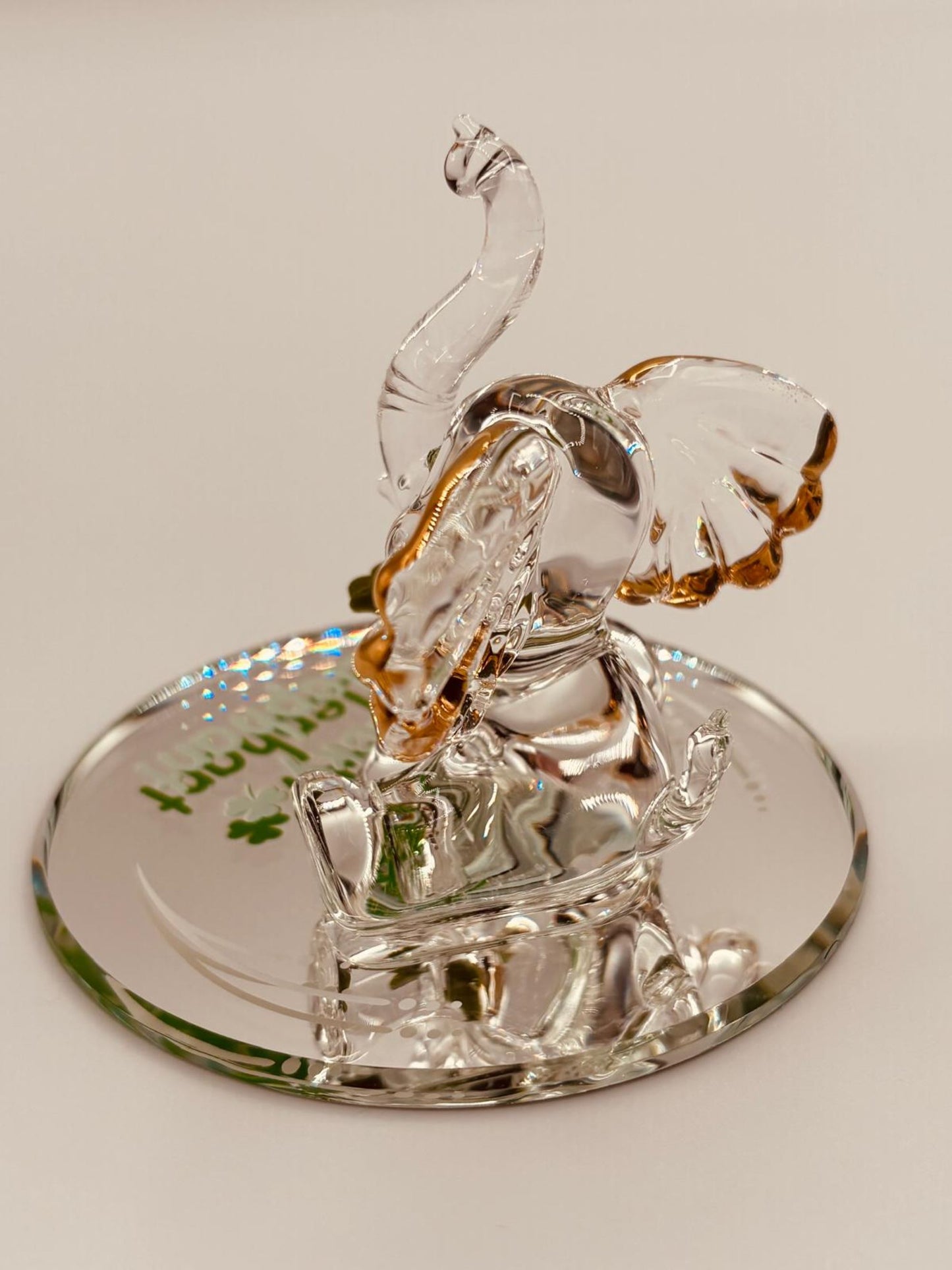 Lucky Elephant Glass Figurine | Handcrafted Elephant Decor with Clover and Crystal Eyes