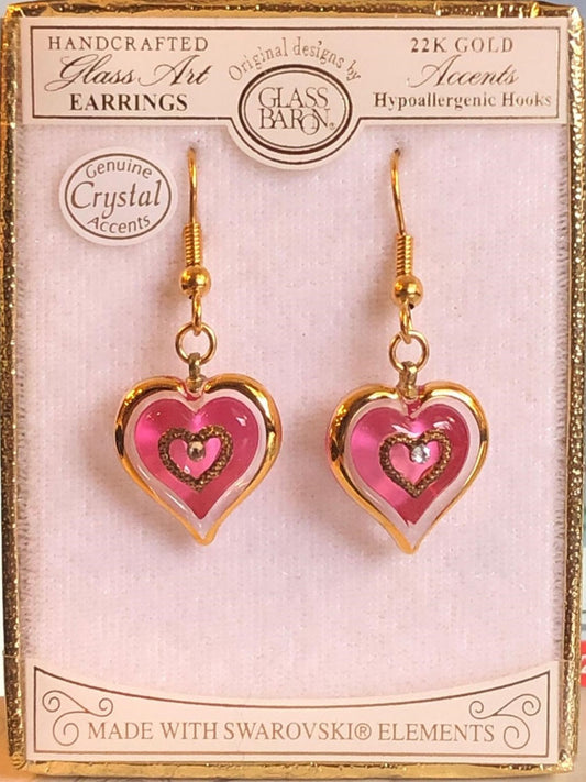 Handcrafted Pink Heart Glass Earrings | Dangle Crystal Heart Jewelry Gift for Her