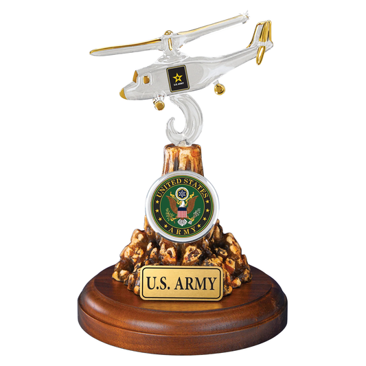 Handcrafted U.S. Army helicopter glass figurine with gold accents mounted on decorative wooden base with official Army emblem and embossed plaque.