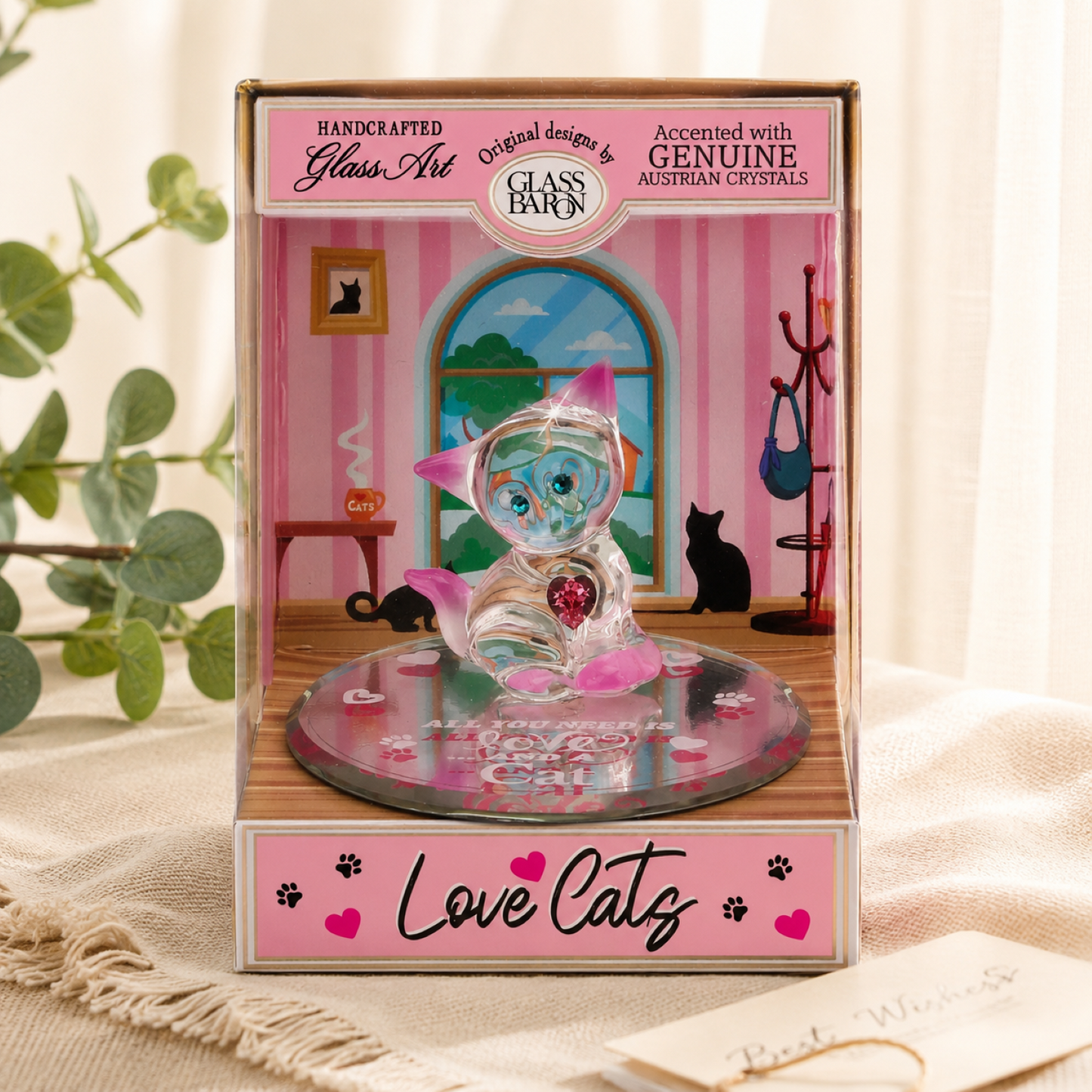 Handcrafted glass cat figurine with genuine Austrian crystal in Love Cats themed keepsake box