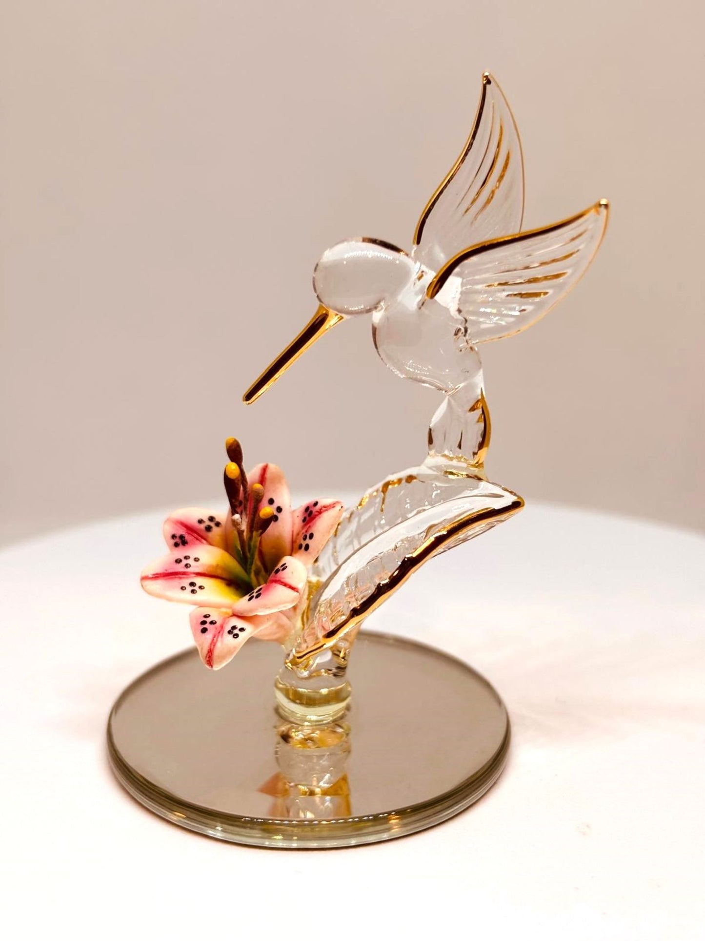 Hummingbird with Pink Flower Glass Figurine Bird and Lily Home Decor