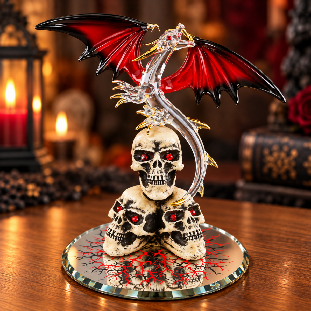 Large handcrafted red-winged dragon perched over three skulls on a beveled glass mirror with a red and black cracked pattern