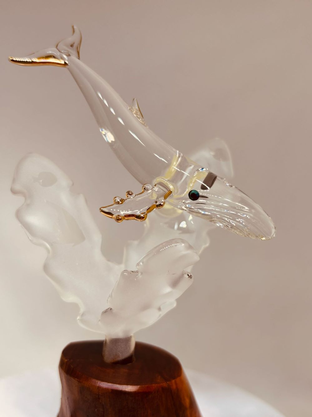 Whale Figurine on Walnut Wood Base | Handcrafted Glass Ocean Decor