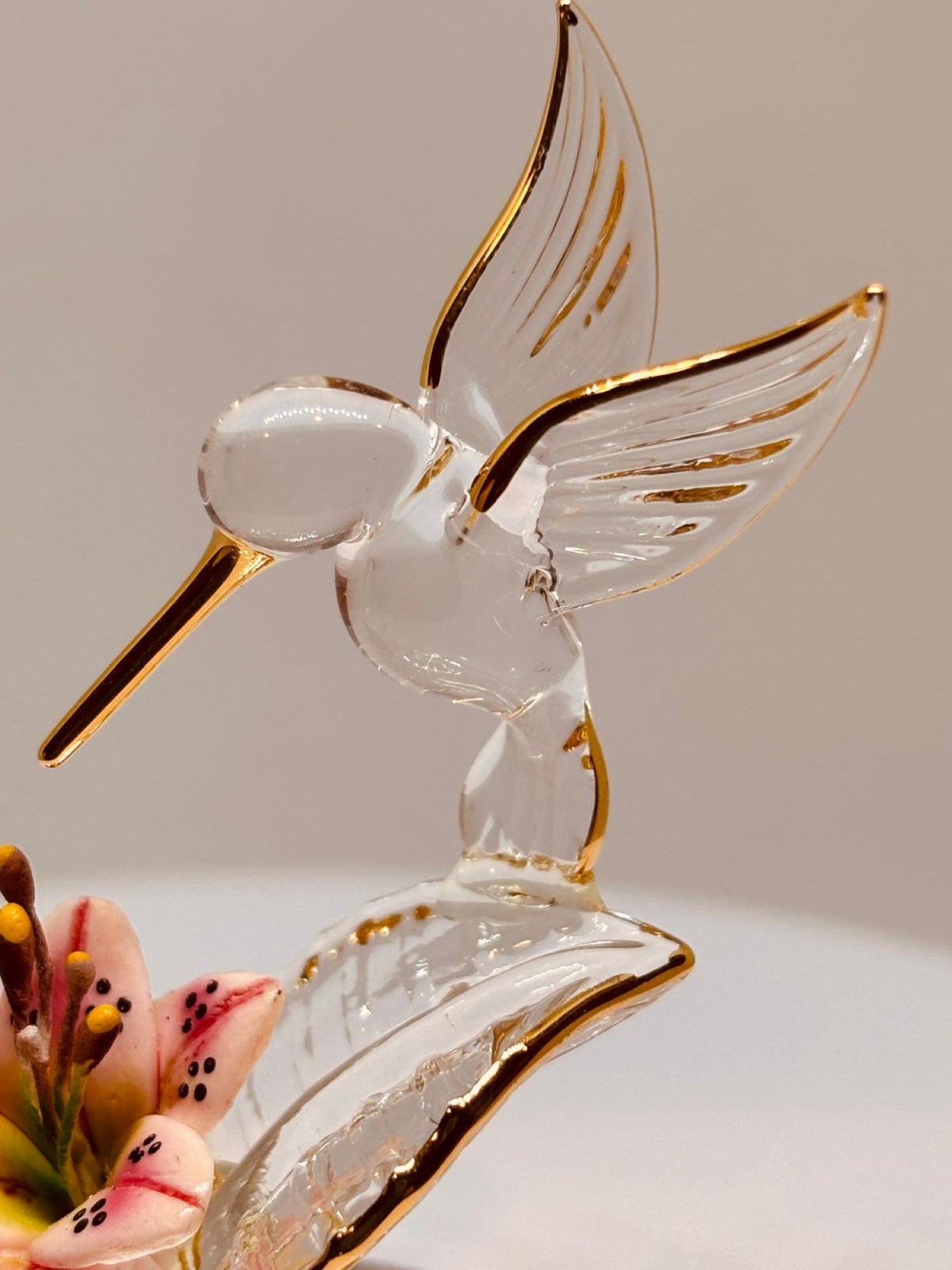 Hummingbird with Pink Flower Glass Figurine Bird and Lily Home Decor