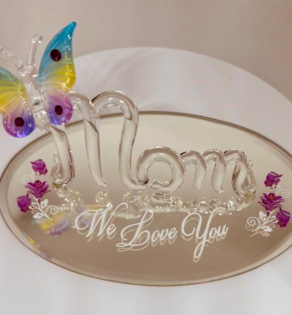 I Love You Mom Figurine | Handcrafted Glass Butterfly Decor | Mother’s Day Gift