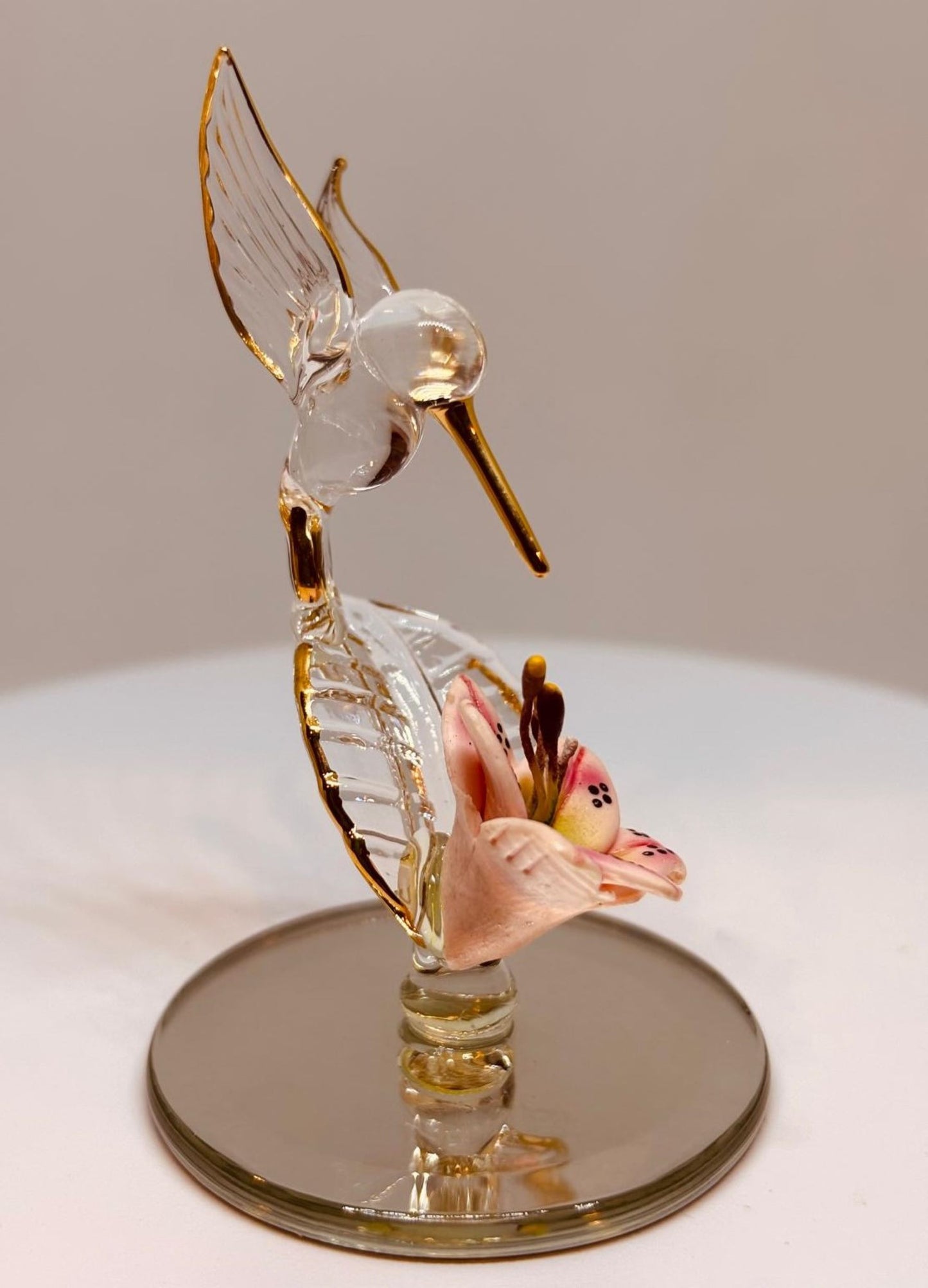 Hummingbird with Pink Flower Glass Figurine Bird and Lily Home Decor