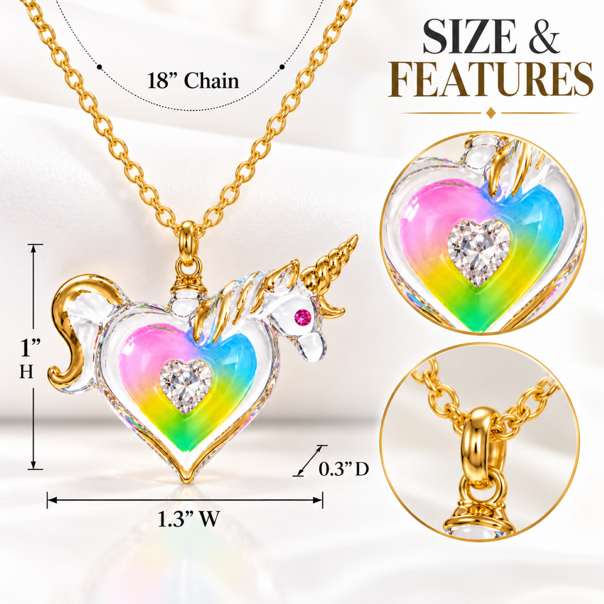 Rainbow Heart Unicorn Necklace, Crystal Heart Pendant, Unicorn Jewelry Gift
